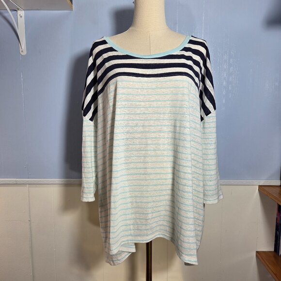 Lane Bryant 22/24 White Black Striped 3/4 sleeve Linen Blend Lightweight Tee - Picture 1 of 11